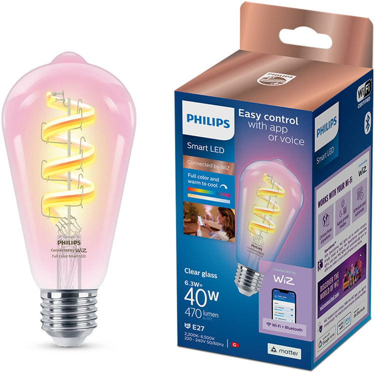Philips smart lighting philips smart led edison filament - slimme led-verlichting - gekleurd en wit licht - e27 - transparant - 40w - wi-fi