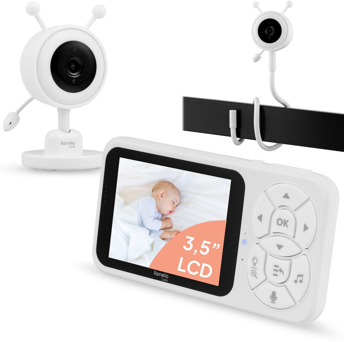 Lionelo babyline 3.4 babyfoon – 3,5” lcd scherm – nachtzicht vox geluidsdetectie – tweeweg-communicatie – rgb nachtlampje – temperatuursensor – tot 4 camera’s – 300 m bereik – met flexibele montagearm