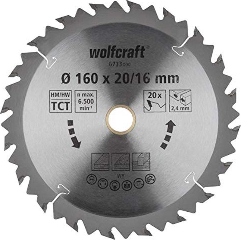Wolfcraft - cirkelzaagblad 160x16mm 160x20mm - 20 tanden hm - snelle, grove sneden - 6733000