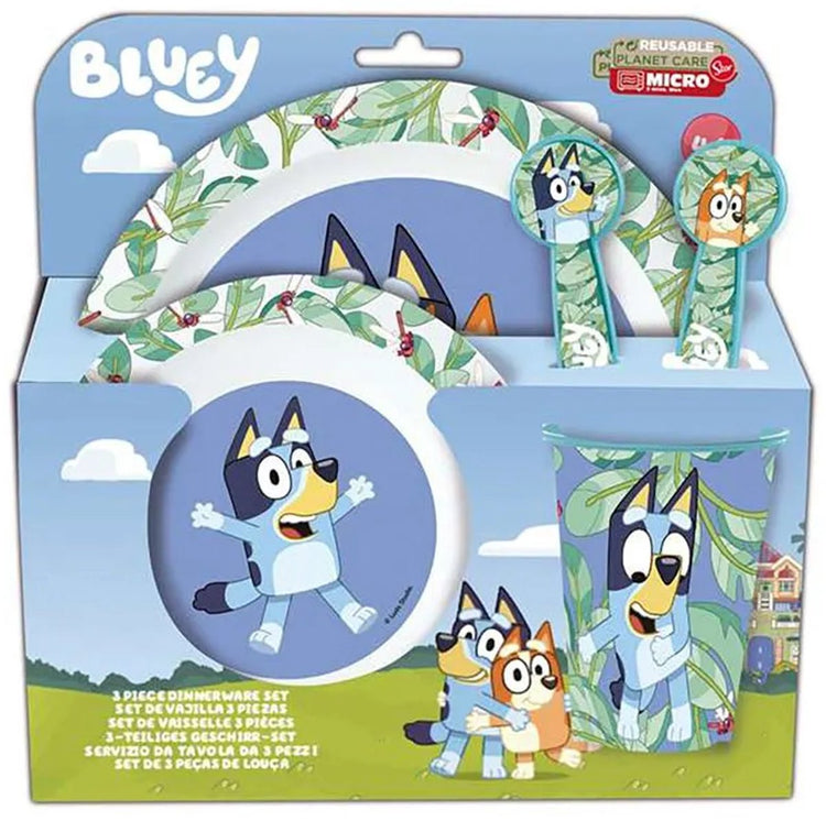 Stor bluey kinderservies - 5-delig - herbruikbaar - inclusief bord, kom, bestek en beker - vaatwasser- en microgolfbestendig bpa-vrij - wit blauw
