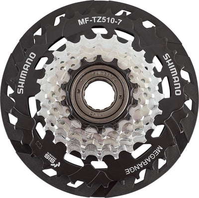 Shimano mf-tz510 screw-on cassette 7-speed met spaakbeschermer, zwart zilver