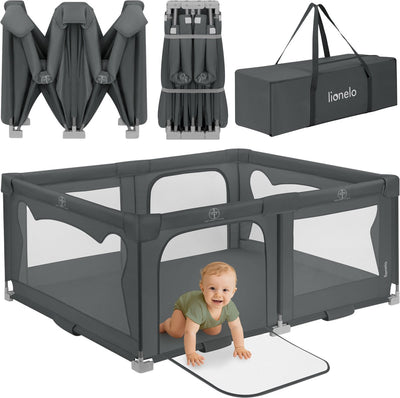 Lionelo florence easy fold grondbox baby box – zeer snel inklapbaar – 150x180 cm – voor thuis en tuin – 0-48 maanden – veilige kinderbox – draagtas – compact na inklappen – speelbox met ademend gaas – 2 zij-ingangen met rits