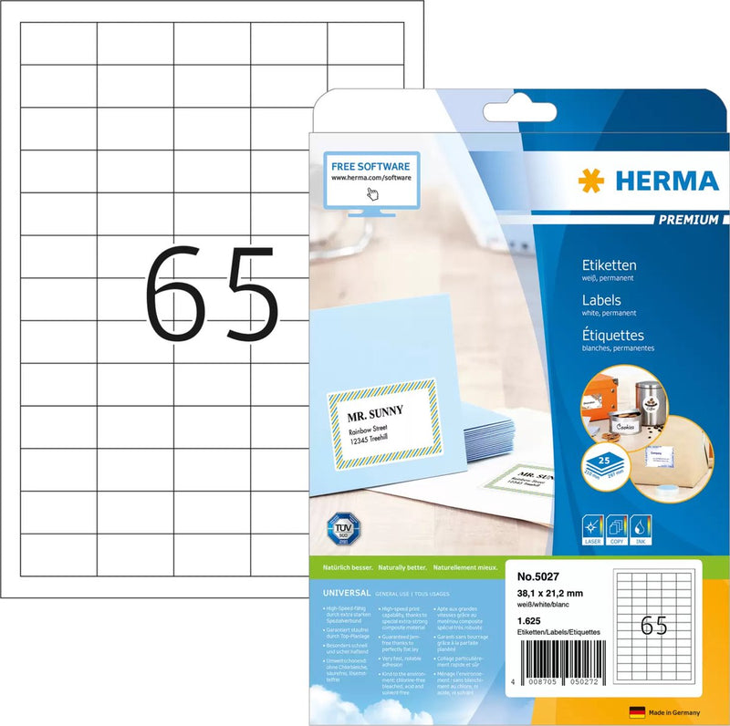 Herma printeretiketten labels premium a4 38.1x21.2 mm white paper matt 1625 pcs.