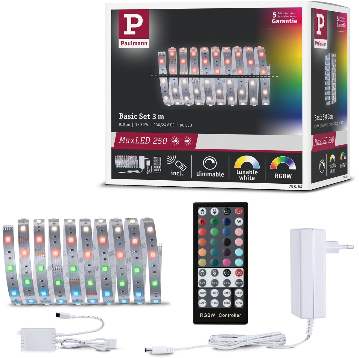 Paulmann maxled 250 led strip basisset 3m rgbw+ 3m 20w 270lm m 30 leds m rgbw+ 36va