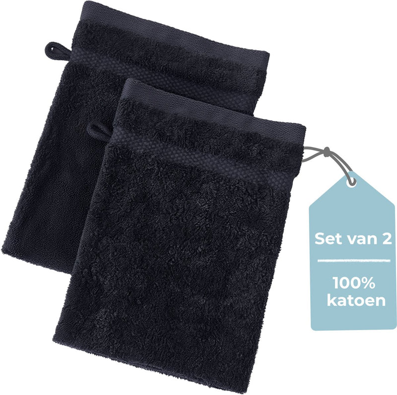 Hush. living hush living washand - set van 2 - 100% katoen - zware kwaliteit 500g m2 - stijlvol boord en ophanglus- 16x22cm - zwart