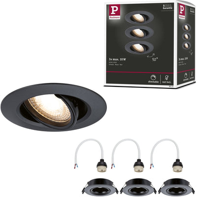Paulmann inbouwlamp set van 3 zwenkbaar rond 90 mm 30° gu10 max. 3x10w 230v dimbaar zwart