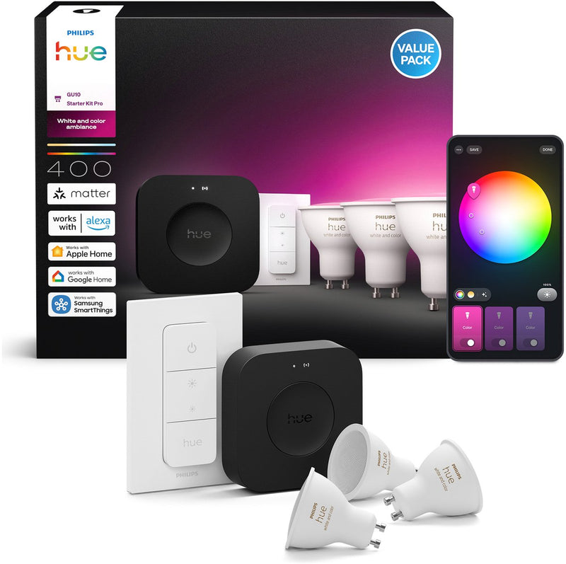 Philips hue starterkit - gu10 fitting - bevat 1 hue bridge pro, 3 lampen, 1 dimmerswitch - aanpasbaar wit en gekleurd licht - - slimme verlichting