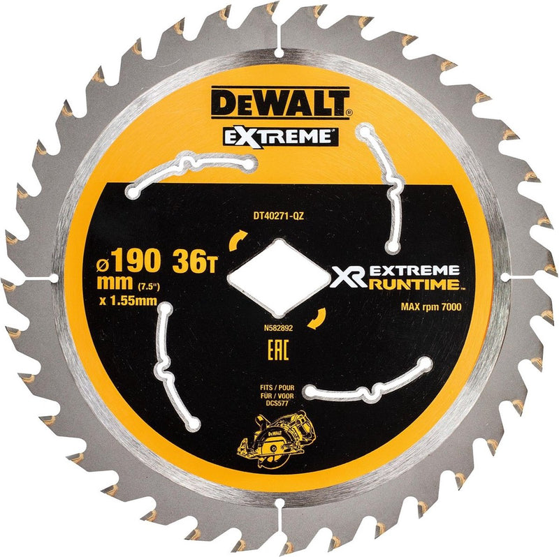 Dewalt ø 190mm asgat ruit 36t cirkelzaagblad voor hout | extreme runtime - dt40271-qz