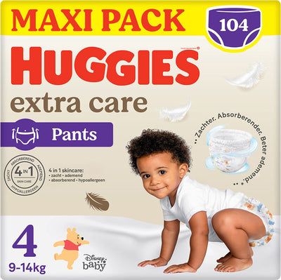 Huggies ® extra care baby luierbroekjes, maat 4 (9 tot 14kg), 104 luiers met zachte elastische tailleband en disney designs, maxi pack