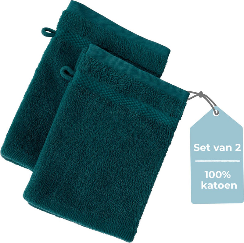 Hush. living hush living washand - set van 2 - 100% katoen - zware kwaliteit 500g m2 - stijlvol boord en ophanglus- 16x22cm - donkergroen