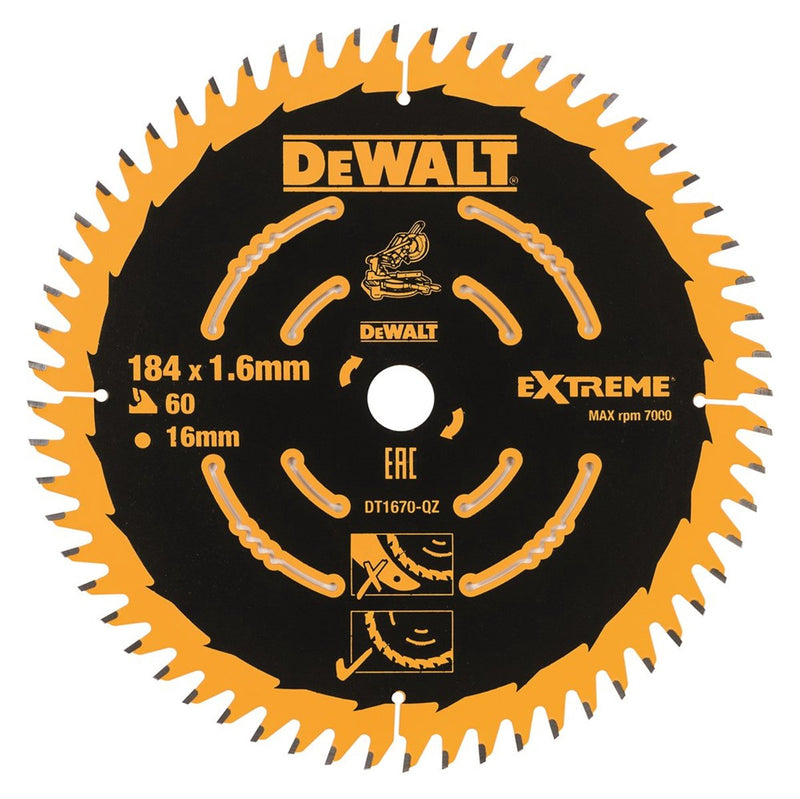 Dewalt ø 184mm asgat 16mm 60t cirkelzaagblad voor hout | extreme - dt1670-qz