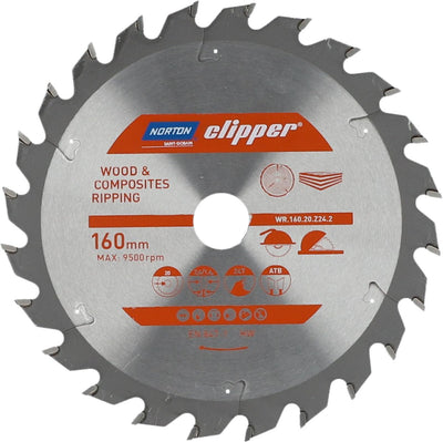 Norton clipper hout en composiet - zaagblad atb ripping - 160mm - 24 tanden - voor cirkelzagen en afkortzagen