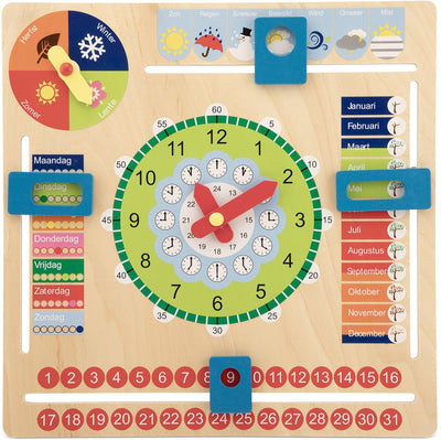 Woet ® houten kalenderklok - leer klokkijken - leerklok - weet jij welke dag het is? hoe laat is het? schijnt de zon? - dagen, maanden, seizoenen weer - educatief speelgoed - vanaf 3 jaar