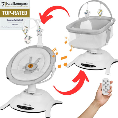 Lionelo bella set 2in1 – wipstoel reiswieg – 360° draaibare zitting – elektrische 6 schommelstanden – 5 snelheden – rugleuning 3 posities – bewegingssensor – nachtmodus – 12 melodieën – bamboe kussen – afstandsbediening – wasbare hoezen – tot 9 kg