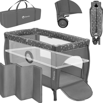 Lionelo stefi plus campingbedje 4 in 1 – baby bed inklapbare box reisbedje met bodemverhoger (rugvriendelijk ontwerp) – met comfort matras – 60x120 cm – 0-36 maanden tot 15 kg – zij-ingang – wielen – transporttas – babybed babybox ledikant