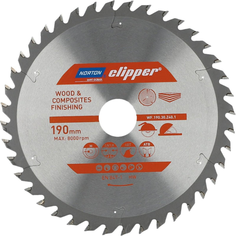 Clipper norton hout en composiet - zaagblad atb finishing - 190mm - 40 tanden - voor cirkelzagen en afkortzagen