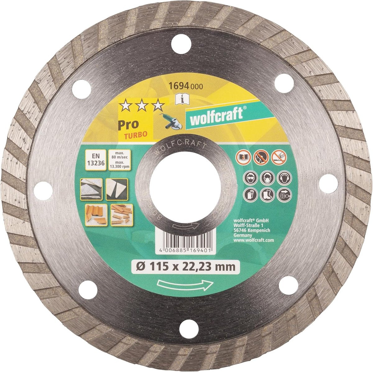 Wolfcraft - diamantdoorslijpschijf 115mm - pro turbo diamant doorslijpschijf voor haakse slijpers - 1694000