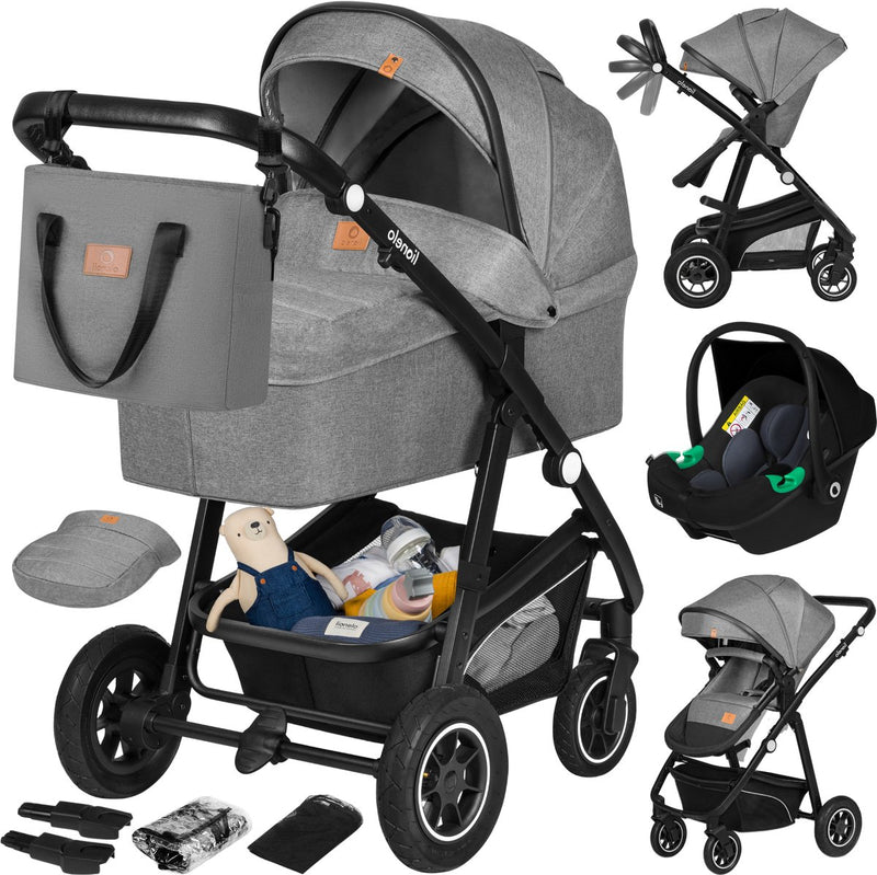 Lionelo bianka kinderwagen 3 in 1 - reiswieg + wandelwagen + autostoel - grote luchtbanden, volledige vering - inklapbaar - verstelbare duwstang - buggy omkeerbare zitting - 0-22kg - accessoireset - grijs