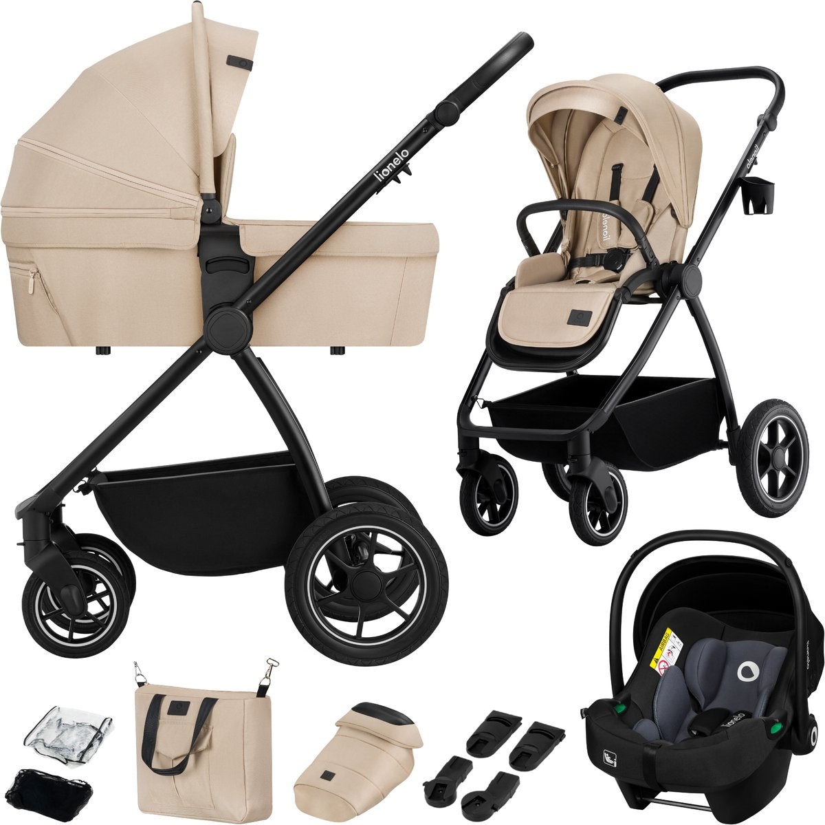 Lionelo meril 3in1 kinderwagen - buggy – xl reiswieg, wandelwagen adac-gecertificeerd autostoeltje – all-terrain wielen – compleet accessoireset – upf50+