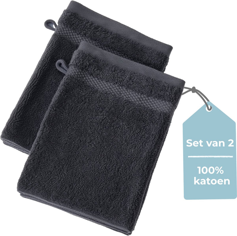 Hush. living hush living washand - set van 2 - 100% katoen - zware kwaliteit 500g m2 - stijlvol boord en ophanglus- 16x22cm - antraciet