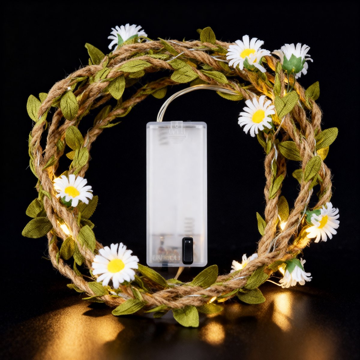 Arti casa lichtsnoer decoratie - 200cm lang met 20 warme led lampjes - bloemenslinger met blaadjes en bloemetjes - werkt op 2xaa batterijen - voor binnen - groen wit