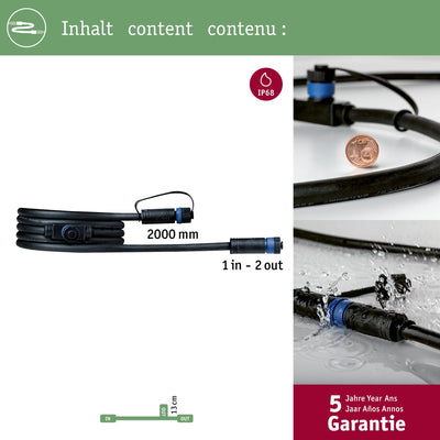 Paulmann plug shine kabel 2m 2 uitgangen ip68 zwart