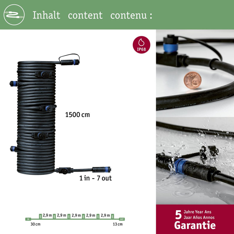 Paulmann plug shine kabel 15m 7 uitgangen ip68 zwart