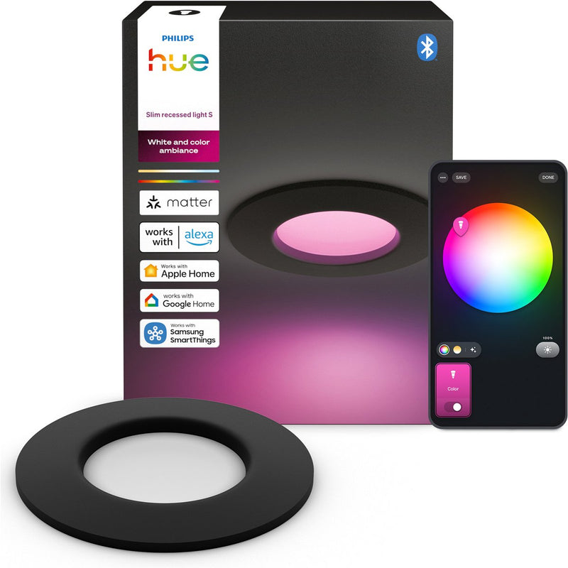 Philips hue dunne led inbouwspot - badkamerverlichting - gu10 fitting - bevat 1 inbouwspot - aanpasbaar wit en gekleurd licht - zwart - ip44: spatwaterdicht - ø: 90mm - slimme verlichting