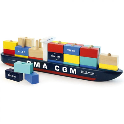 Vilac containerschip blokken - 40 cm lang - 34 houten containers