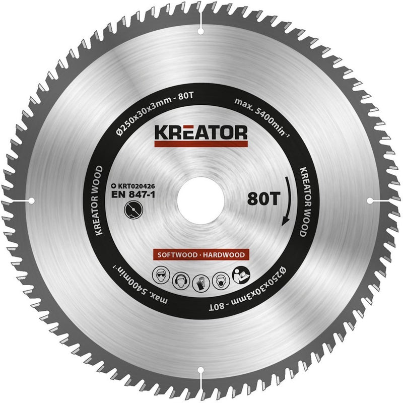 Kreator krt020426 zaagblad hout 250 mm -80t