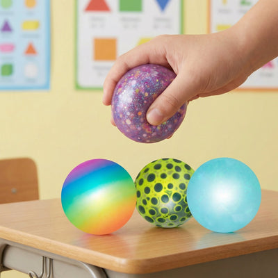 Eddy toys squish ball 4 stuks - squeeze ball squeezable - knijpbal set 4 stuks - squishy bal met verschillende designs - regenboog, glitter en stippen - 5 cm
