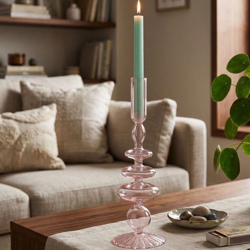 Arti casa kandelaar met bollen - glazen kaarsenhouder voor sfeervolle verlichting - uniek bolvormig design - geschikt voor diverse soorten kaarsen - afmeting ø9x28cm - kleur roze