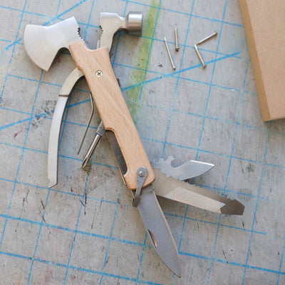 Kikkerland multitool mini bijl - 10 in 1- platte schroevendraaier - flesopener - ruimer - zaagblad - vijl - mes - kruiskop schroevendraaier - tang - draadknipper - cadeau voor man
