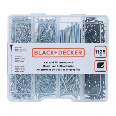 Black+decker spijkerassortiment 1125-delig - diverse maten en types spijkers - overzichtelijke opbergbox met vakken - ideaal geschikt voor klussen thuis en in de werkplaats - materiaal rvs staal