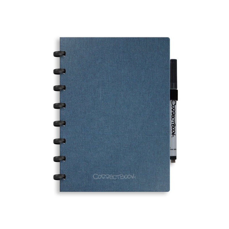 Correctbook a5 uitwisbaar notitieboek – linnen hardcover – herbruikbaar schrift – steel blue – gelinieerd – inclusief pen wisdoekje – aanvulbaar met extra pagina’s