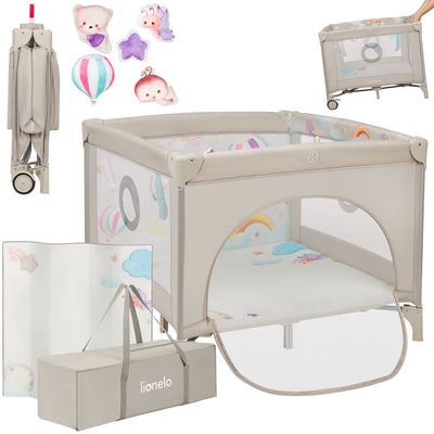 Lionelo mille plus kinderbox 0-36 maanden – babybox met t25 schuimmatras, educatief speelgoed, handgrepen voor leren staan, inklapbaar mobiel, zijdeur met ritssluiting – speelbox voor thuis en op reis