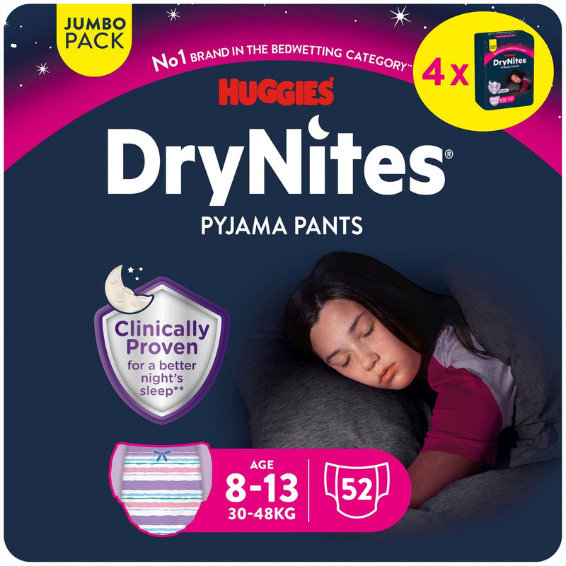 Drynites huggies luierbroekjes - meisjes - 8 tot 13 jaar (30 - 48 kg) - 52 nachtbroekjes - voordeelverpakking