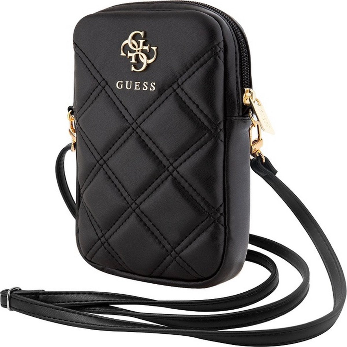 Guess quilted 4g metal logo wallet pouch met riem (7 inch) - zwart