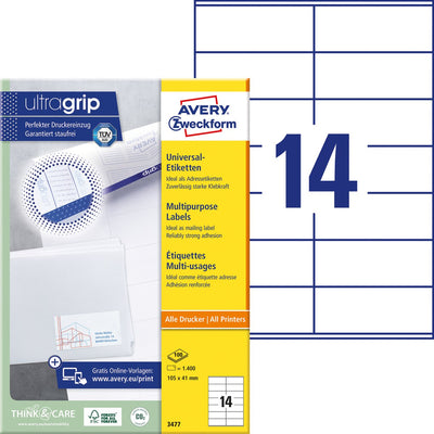 Avery witte etiketten quickpeel formaat 105 x 41 mm (b x h) 1.400 stuks 14 per blad doos van 100 blad