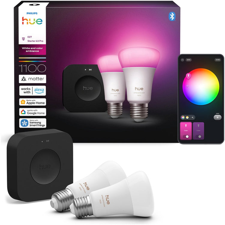 Philips hue starterkit - wit en gekleurd licht - 1 bridge pro - 2-pack e27 1100 lumen
