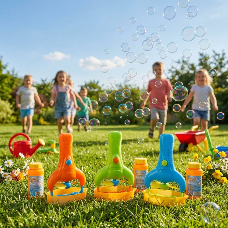 Bubblez playing gun with bubbles - elektrisch bellenblaaspistool - inclusief 118ml bellenblaasvloeistof - kunststof - batterijen niet inbegrepen - beige, zwart en blauw