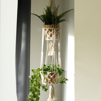 Joy of balance macramé plantenhanger dubbel - 120 cm - 100% katoen - handgemaakt - hangende plantenhouder - boho stijl