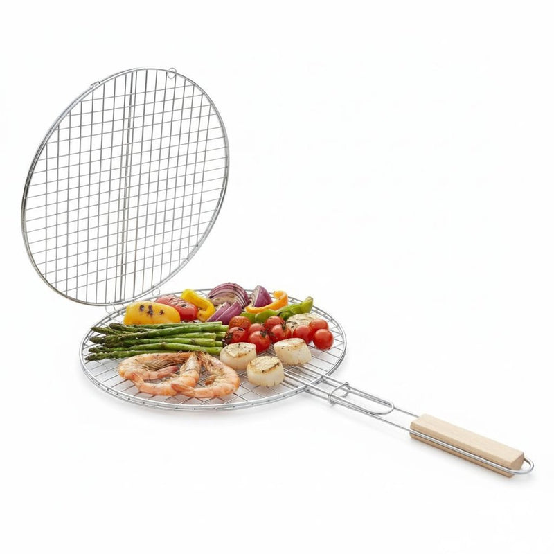 Alpina bbq grillmand – metalen barbecue accessoire met houten handvat – grillmand voor groenten, vis, vlees – fijnmazig draaibaar rooster – makkelijk schoon te maken