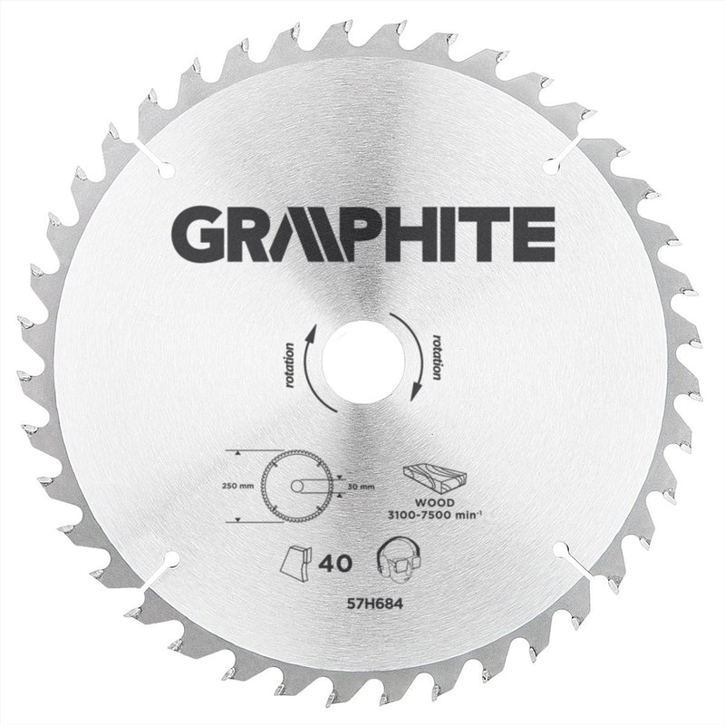 Graphite circelzaagblad voor hout 250mm, asgat 30mm, tanden 40, dikte 3,2, vulringen 16 20 25, tct