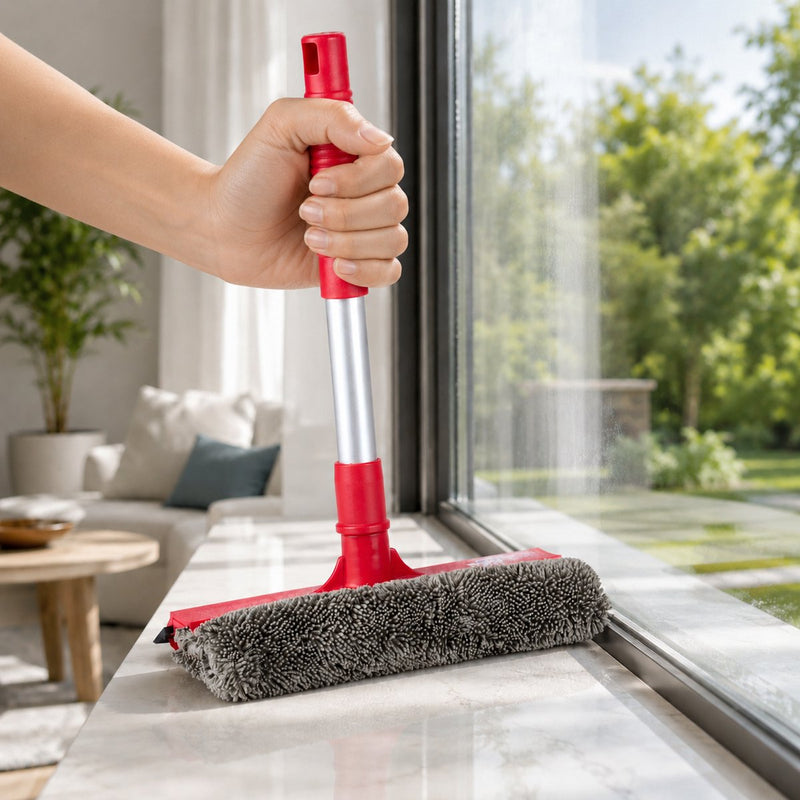 Dirt devil autoruitenreiniger 2-in-1 - raamtrekker auto met microvezel spons auto - autoruit wisser met steel en squeegee auto - voorruit reiniger - 28 x 20 cm - rood grijs