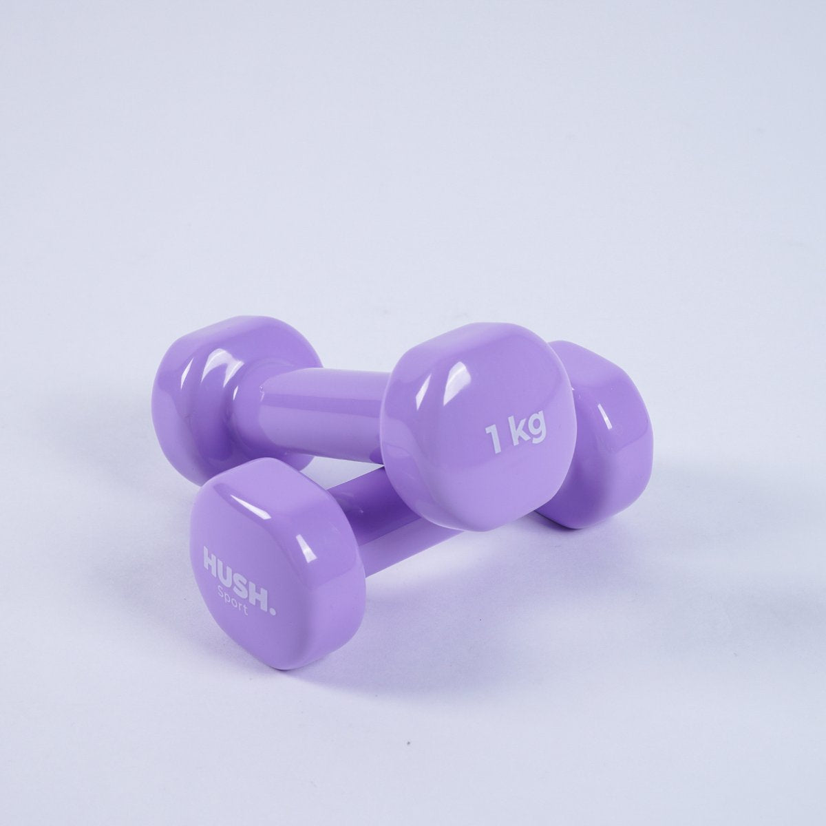Hush sport - dumbbells set 2 x 1 kg paars - vinyl coating met antislip grip - gietijzer - handig 6-hoekig design - geschikt voor krachttraining fitness