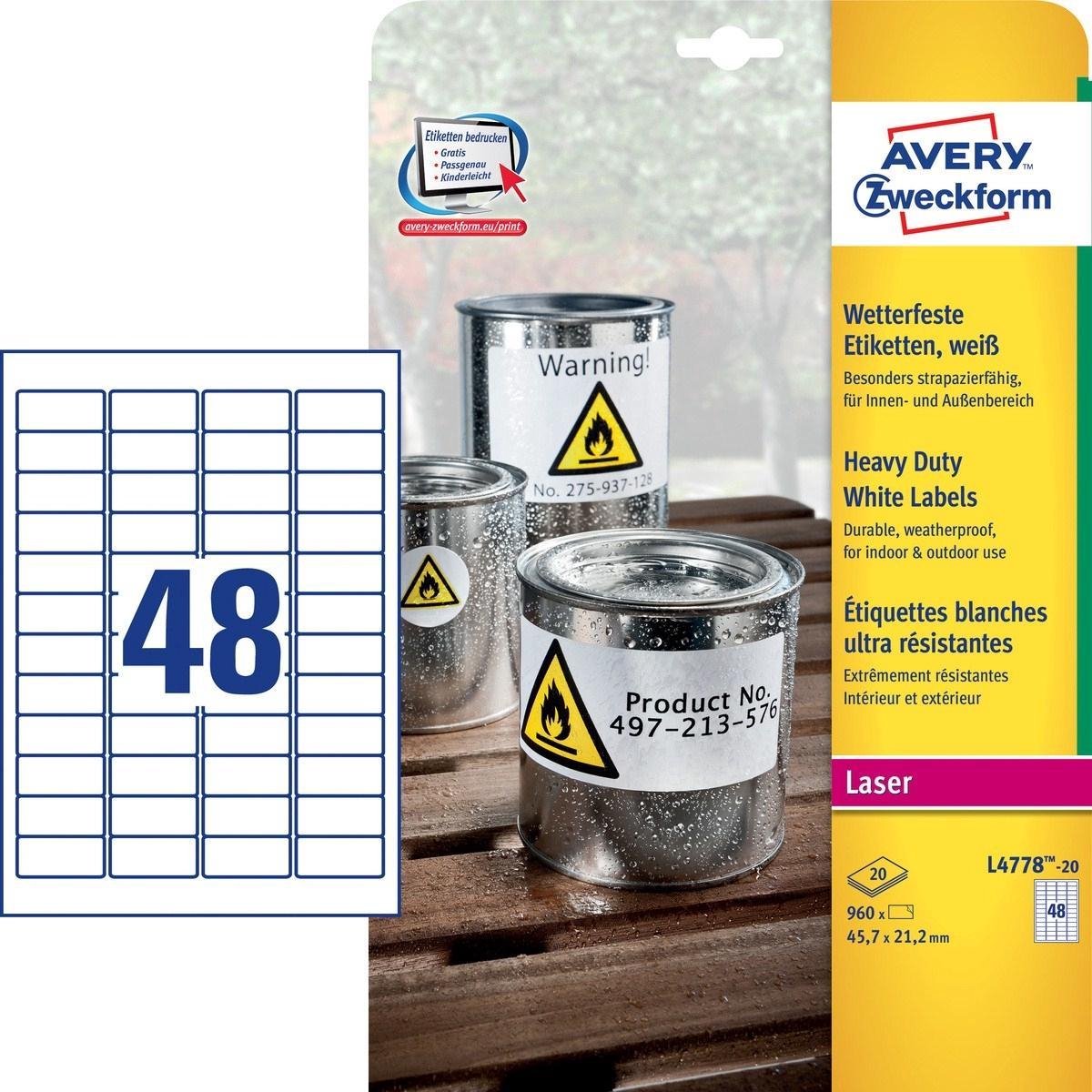 Merkloos sans marque avery ultra-sterke witte etiketten formaat 457 x 212 mm (b x h) 960 stuks 48 per blad