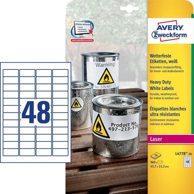 Merkloos sans marque avery ultra-sterke witte etiketten formaat 457 x 212 mm (b x h) 960 stuks 48 per blad
