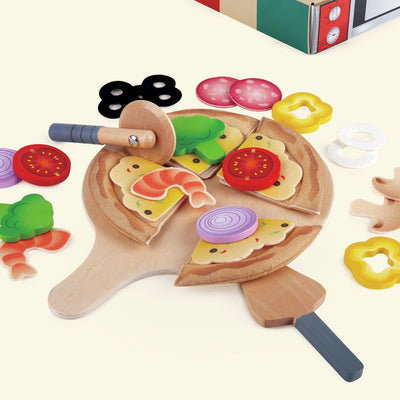 Hape pizza speelset - houten pizzeria speelgoed met 29 onderdelen, pizzaoven en bezorgdoos, vanaf 3 jaar