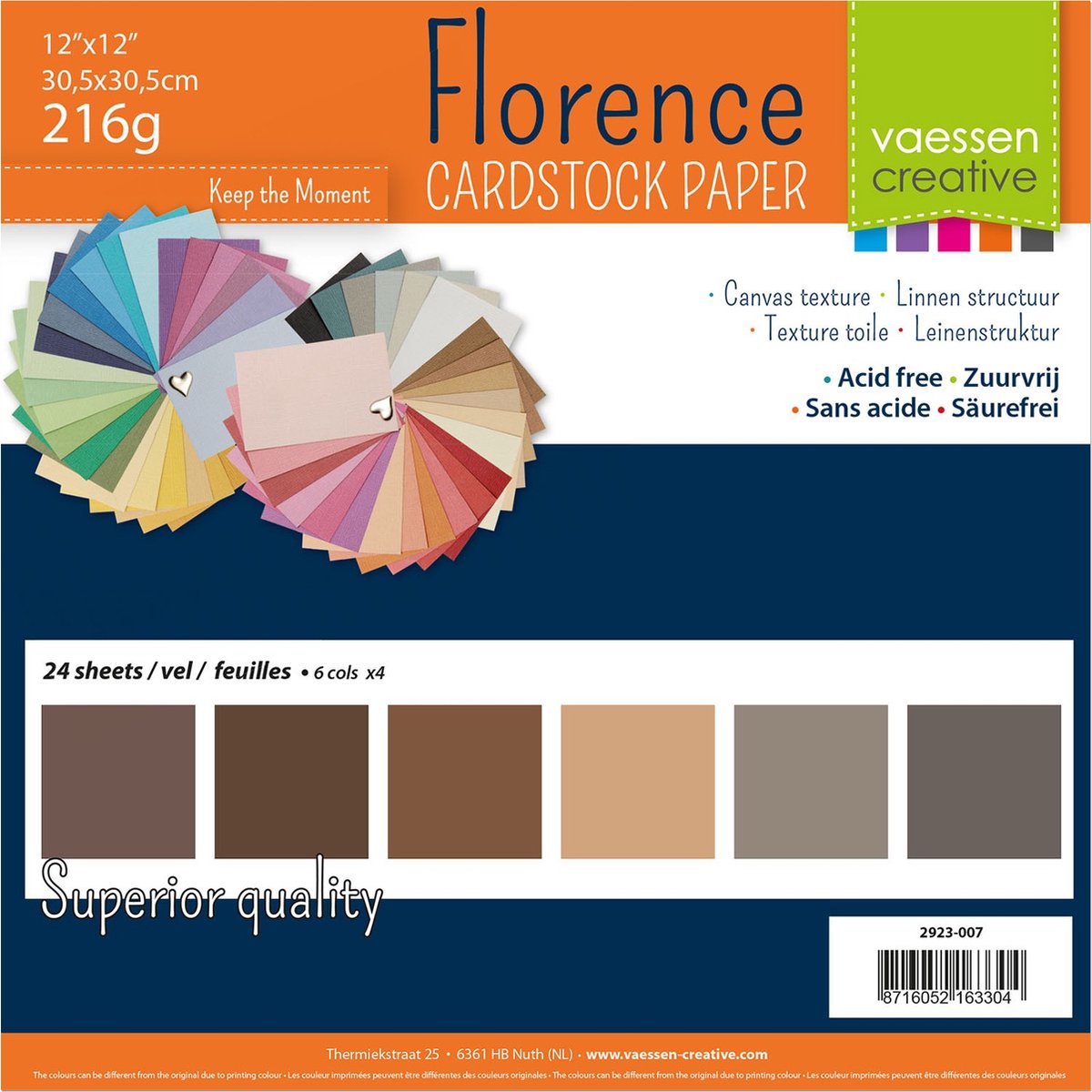 Vaessen creative cardstock - bruin - 30,5 x 30,5 cm - 24 vellen - textuur - 216 g